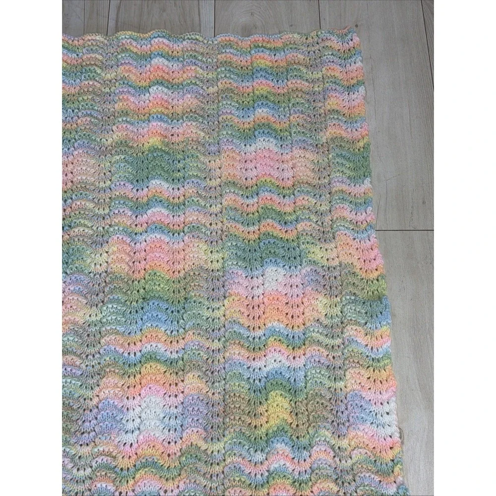 Vintage Pastel Hand‎ Crocheted Soft Knitted Baby Blanket Throw Afghan Unisex